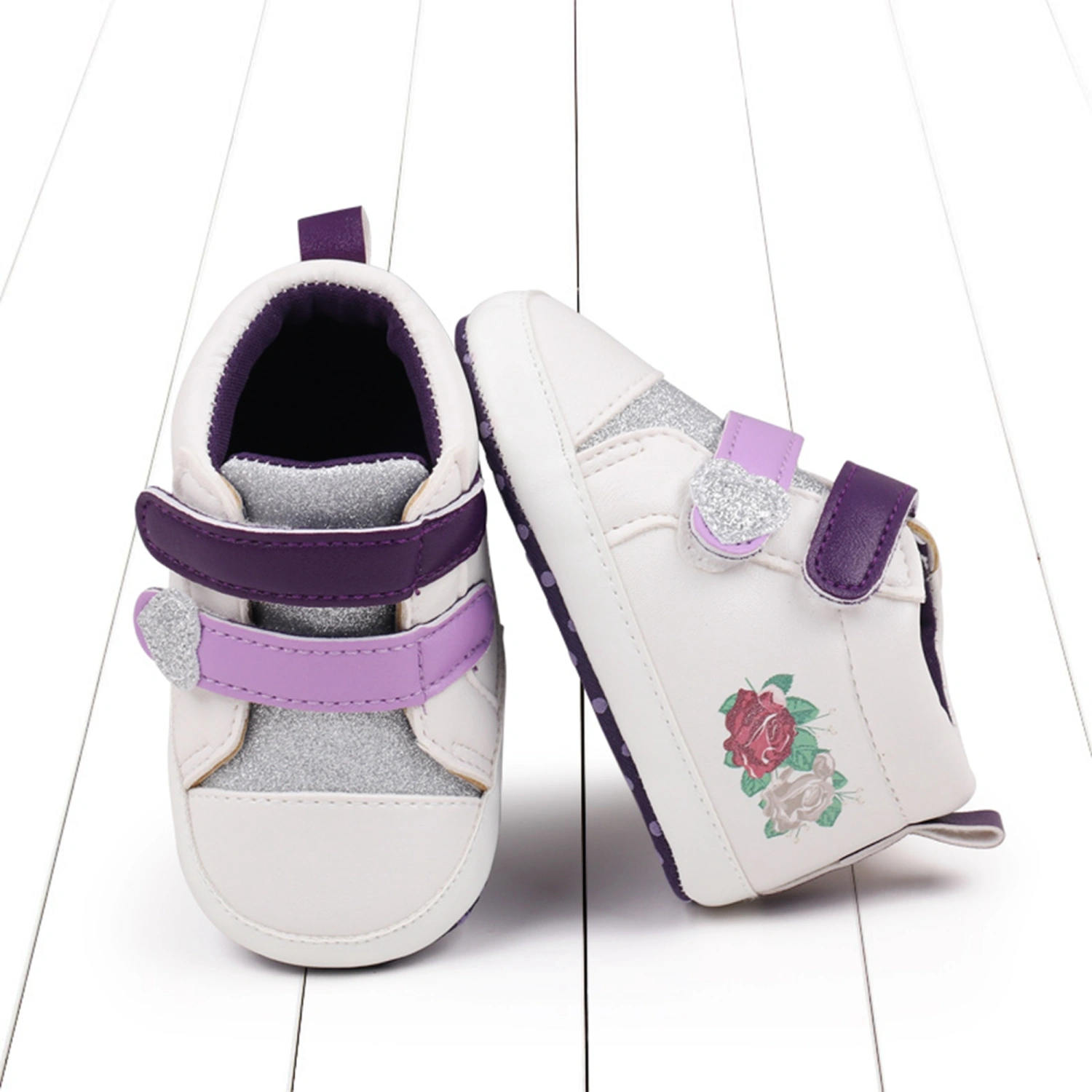 Baby Girl Soft Non-Slip Side Flower Print PU Upper Sparkle Shoes