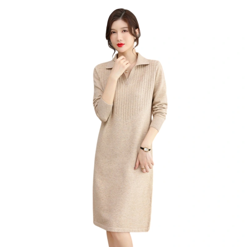 Women Sweater Dress Solid Color Turn-Down Collar Long Sleeve Dress