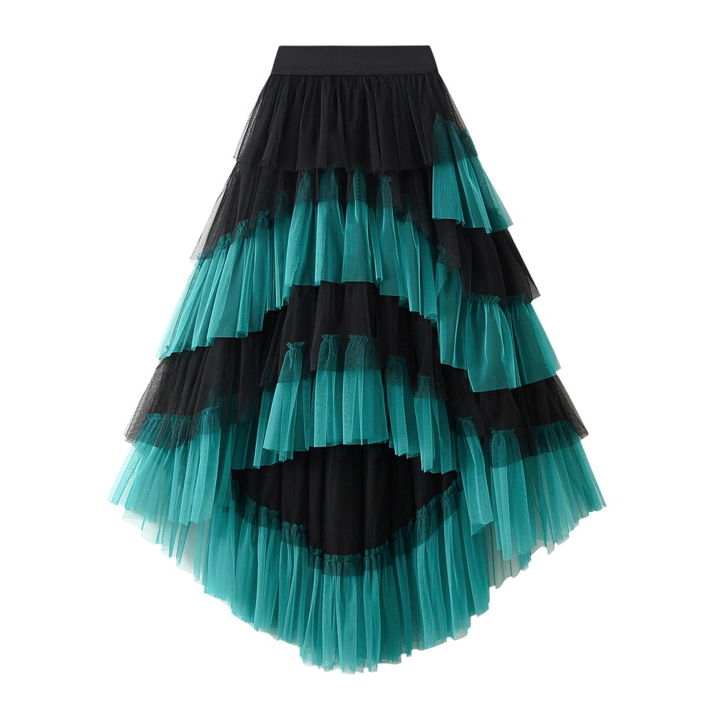 Women Tulle Tutu Skirt Contrast Color Pleated A-Line High Low Skirt