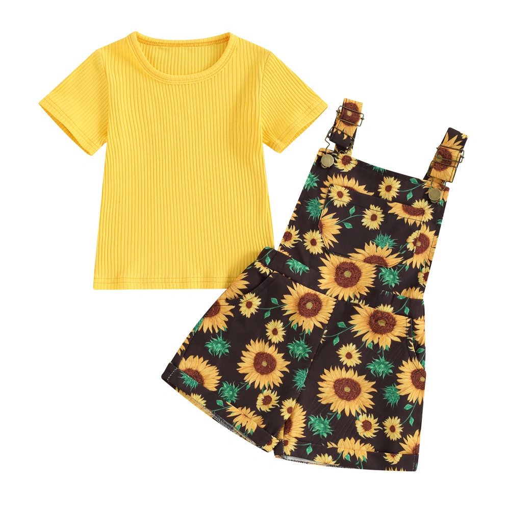 Baby Girls Summer Outfits Ribbed Tops + Sunflower Suspender Shorts Set