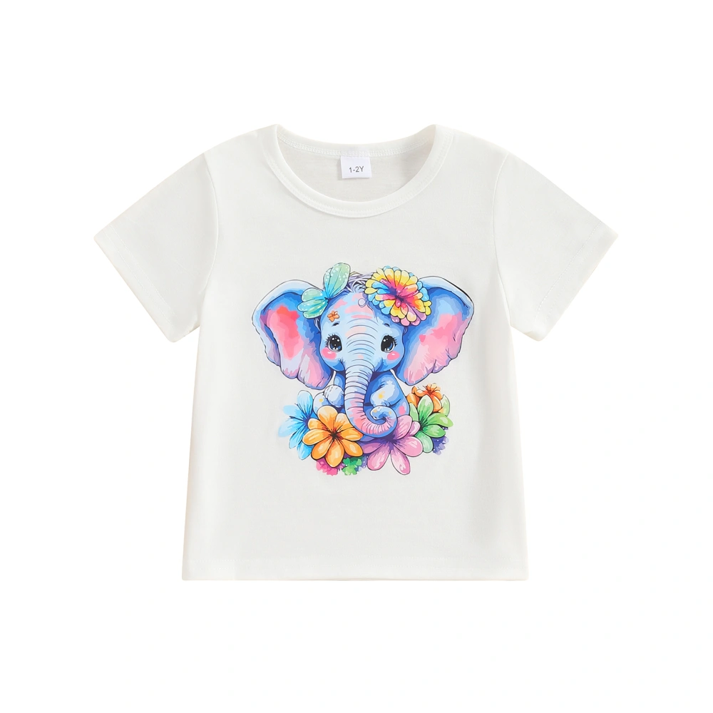 Girl Summer T-Shirt Elephant&Flower Print Short Sleeve Graphic Tops