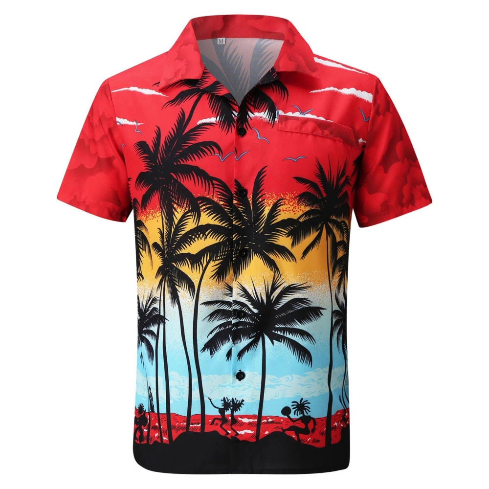 Men’s Beach Shirt, Short Sleeve Turn-down Neck Tree Print Vacation Top