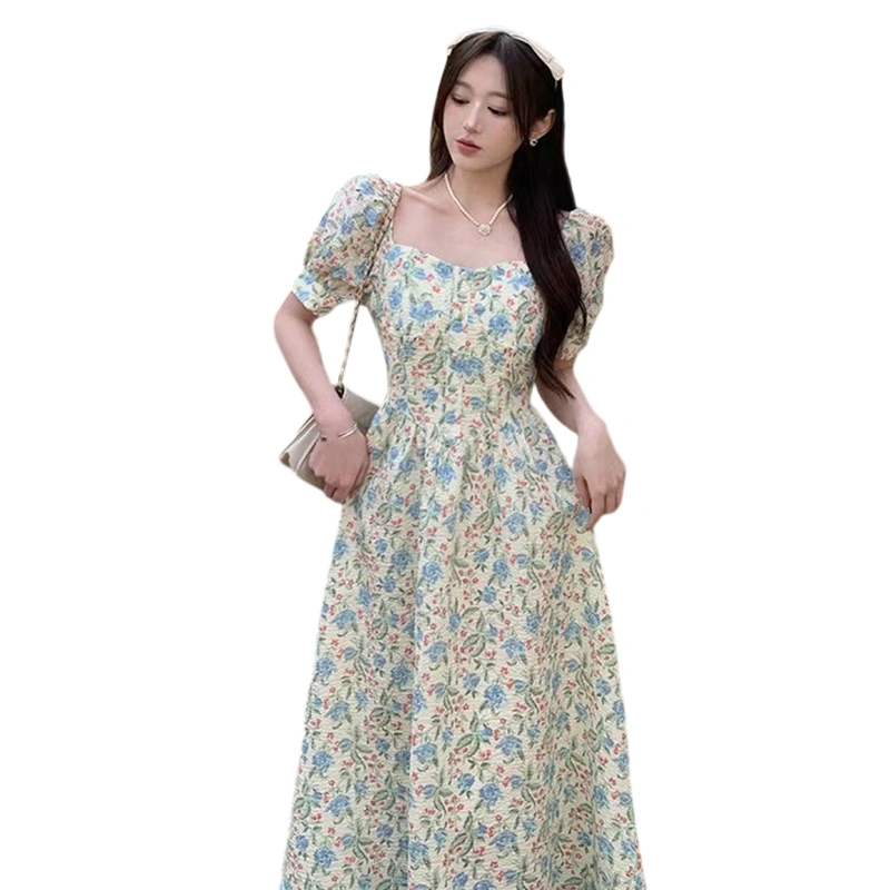 Women’s Summer Long Dress Short Puff Sleeve Floral Print A-line Dress 