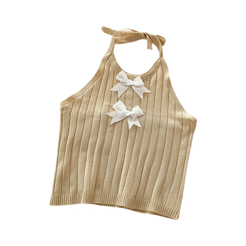 Women's Slim Fit Sleeveless Ribbed 3D Bow Tie-Up Crop Halter Tops