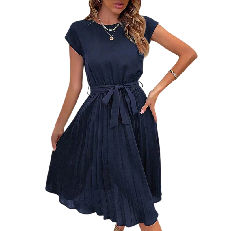 Women Midi Dress Solid Color Round Neck Short Sleeve A-line Dress