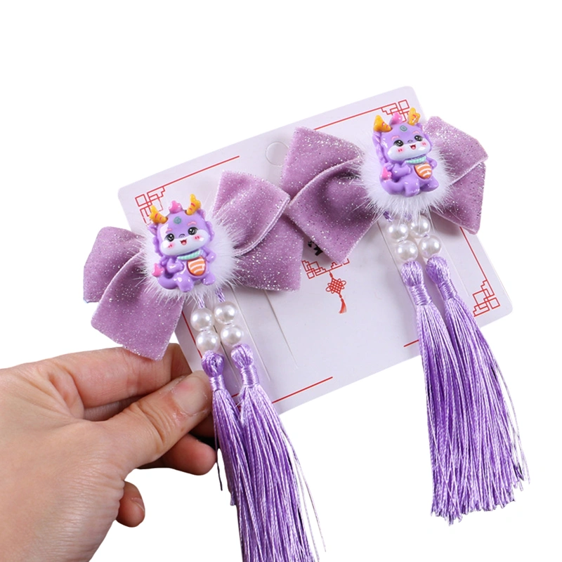 Girl 2024 New Year Hair Clip, Chinese Style Bow Dragon Tassel Hairpin