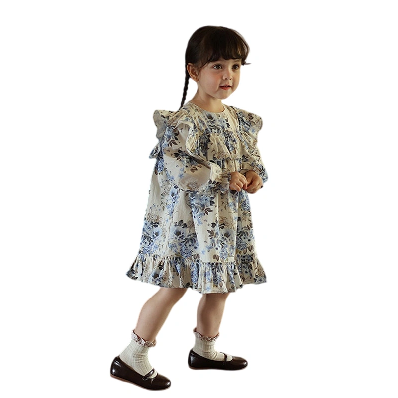 Girl Spring Dress Floral Print Long Sleeve Ruffled Loose Dress 