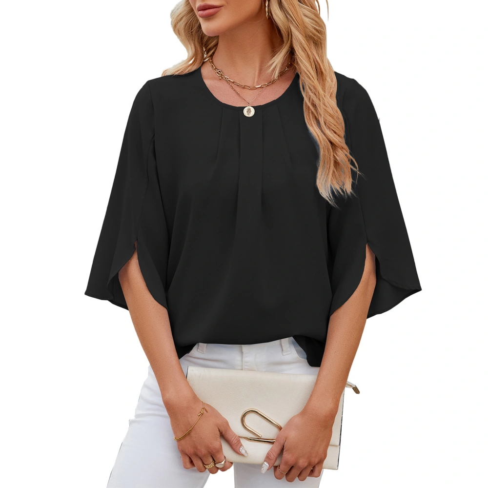 Women Chiffon Blouses Solid Color Round Neck Half Sleeve Shirts