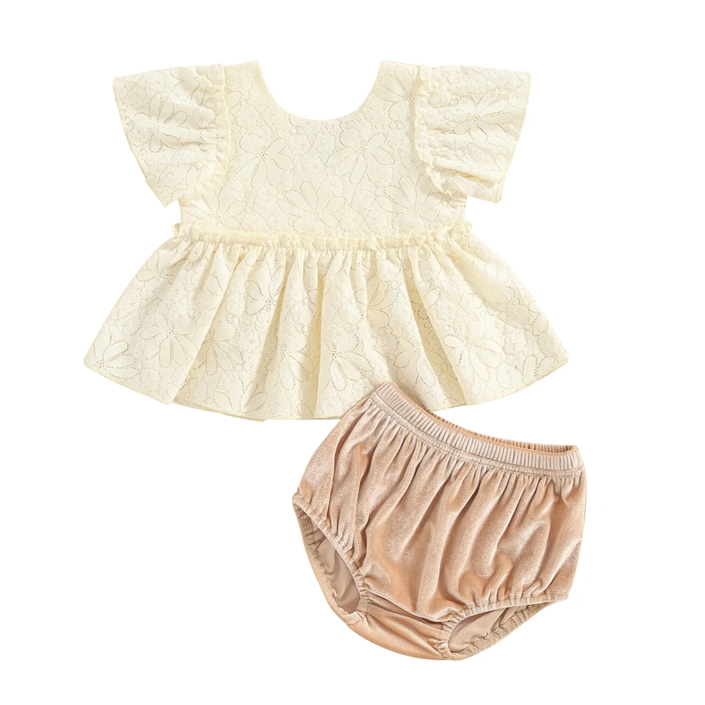 Baby Girl 2 Piece Set, Fly Sleeve Ruffled Lace Flower Tops + Shorts 