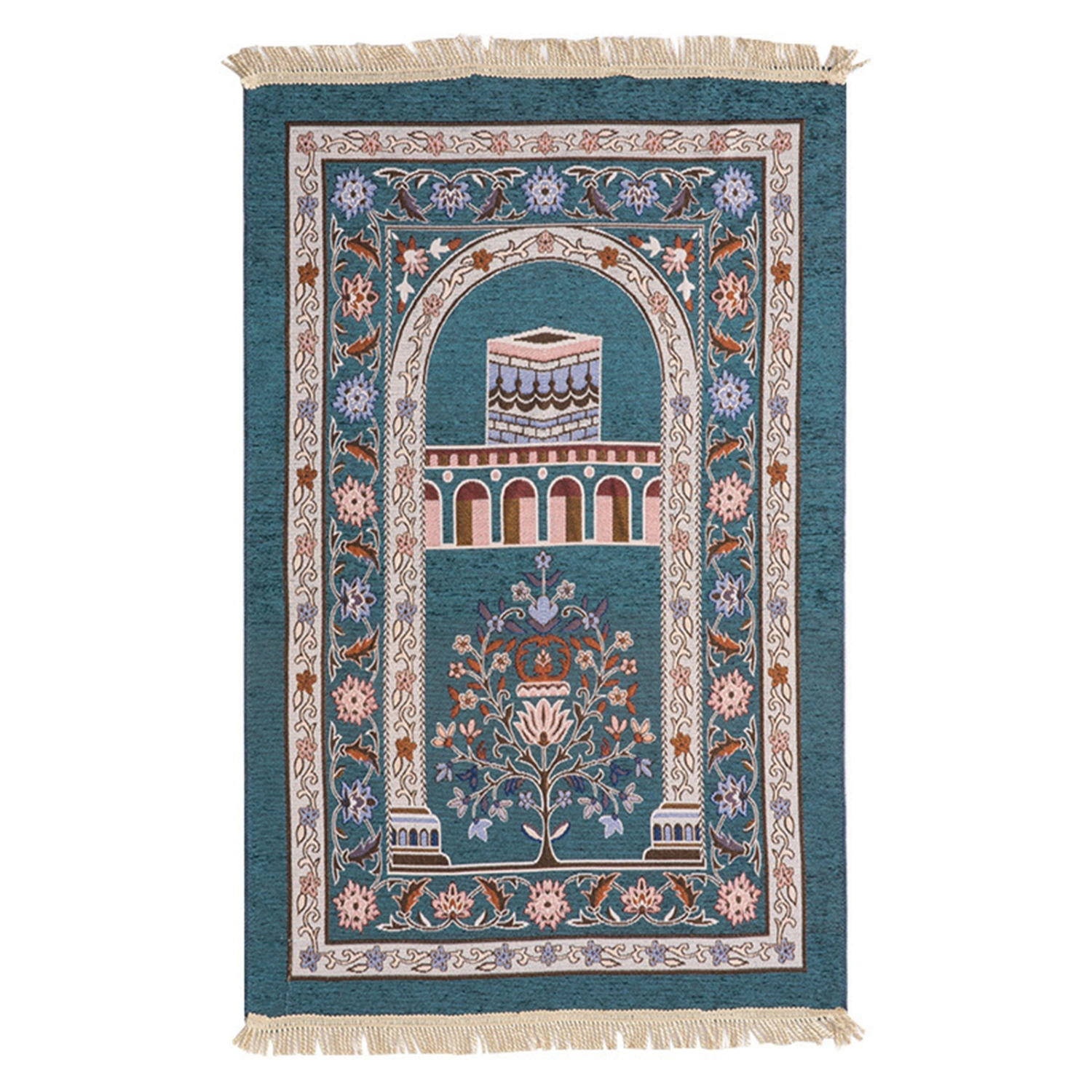 Prayer Rug with Tassels Thick Travel Prayer Rug with Floral Design