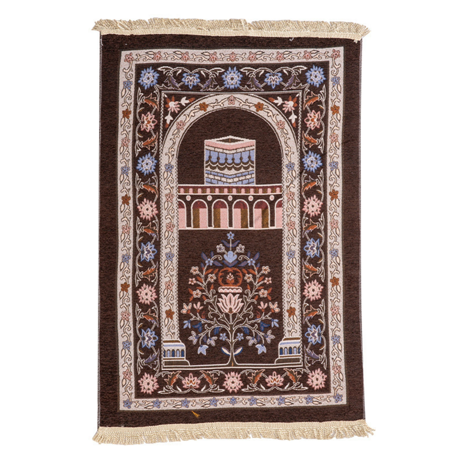 Prayer Rug with Tassels Thick Travel Prayer Rug with Floral Design