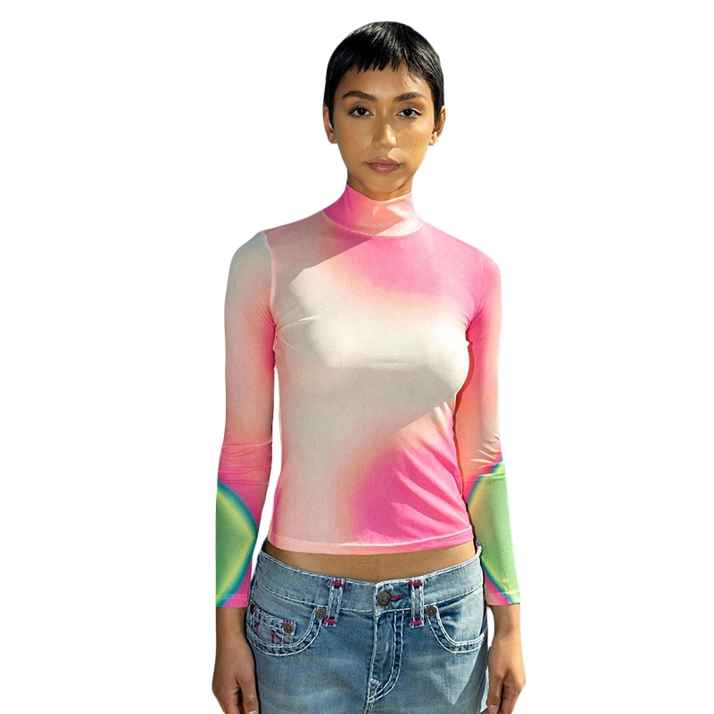 Women Basic Mesh Tops Casual Gradient See-Through Long Sleeve Shirt 