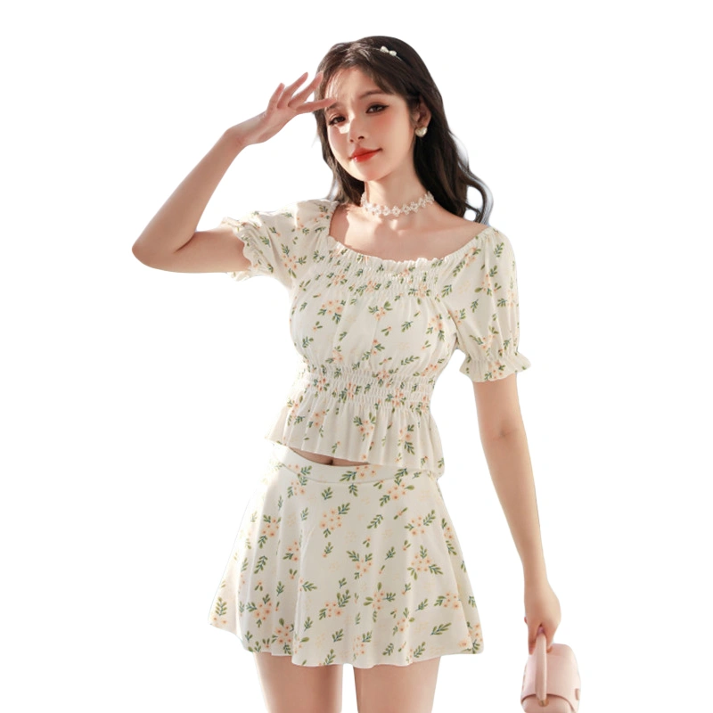 Women 2-piece Swimsuit, Floral Short Sleeve T-shirt with A-line Skirt