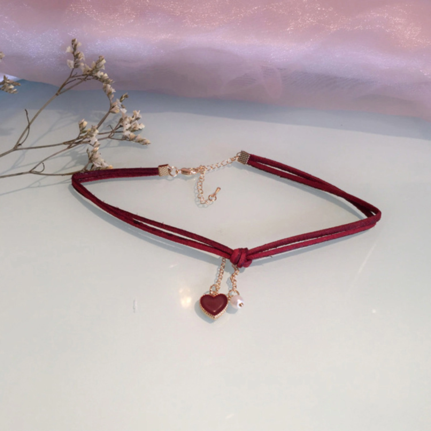 Velvet Heart Pearl Pendant Choker Necklaces Sweet Clavicle Necklace