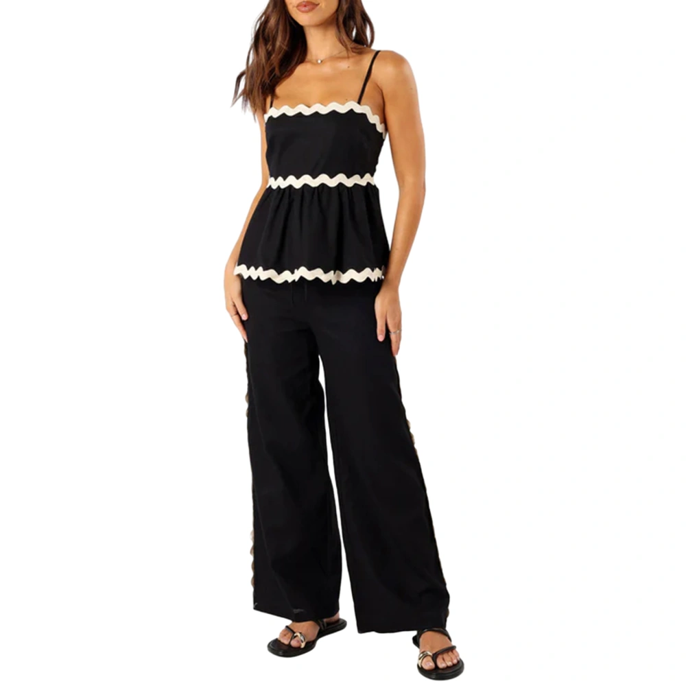 Women's Set, Ruffled Spaghetti Strap Crop Tops + Drawstring Pants 