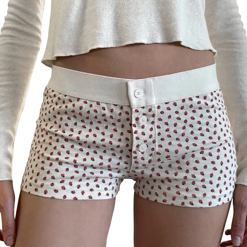 Women Boy Shorts Panties Strawberry/Floral Print Elastic Boxer Briefs