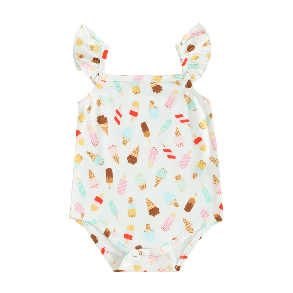 Baby Girls Romper, Fly Sleeve Ice Cream Print Infant Bodysuit