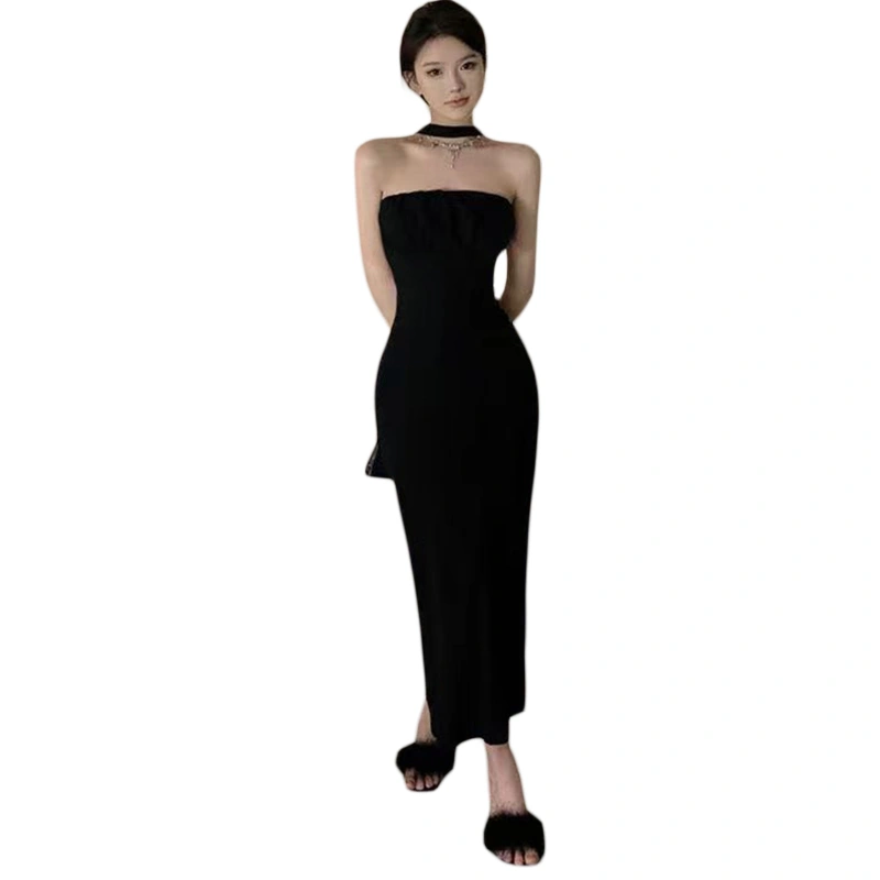 Women Long Bodycon Dress Halter Neck Back Slit Sleeveless Dress