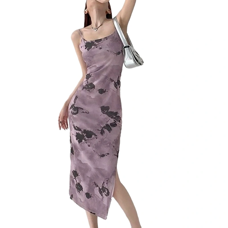 Women's Slip Dress Butterfly Print Spaghetti Strap Thigh Slit Dress