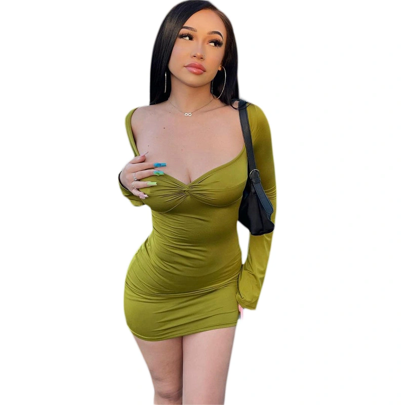 Women Bodycon Dress, Long Sleeve Low-cut Pleated Solid Mini Dress