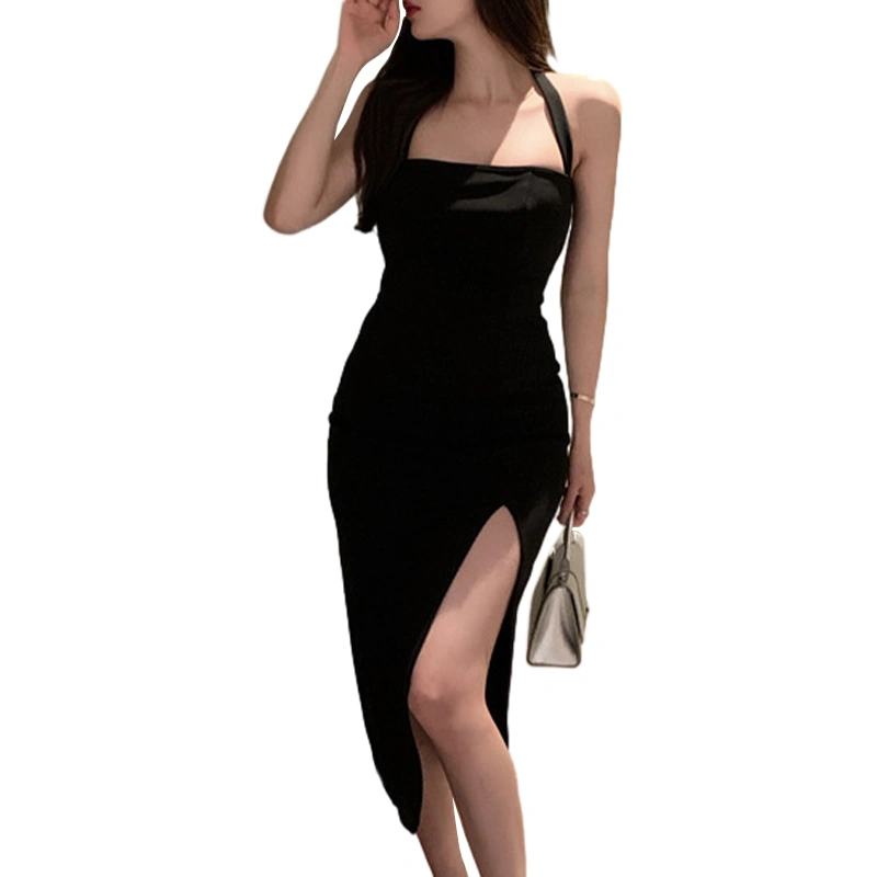 Women Midi Dress, Sleeveless Halterneck Solid Slim Summer Slit Dress