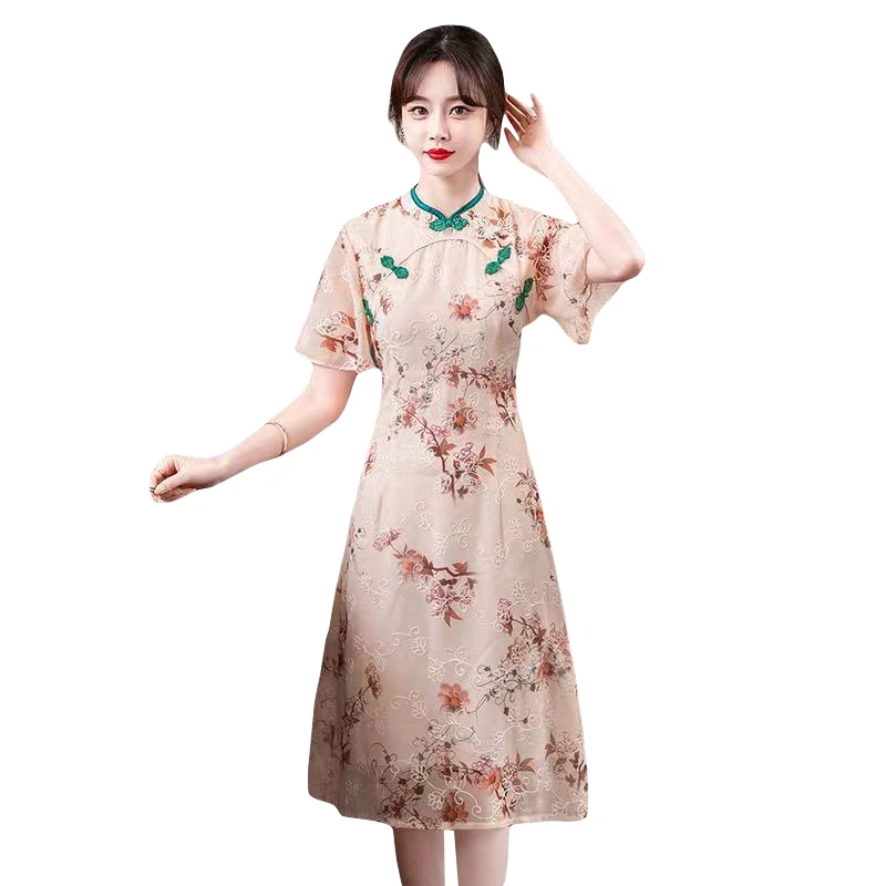 Women's Cheongsam A-Line Dress Flower Embroidery Short Sleeve Qipao