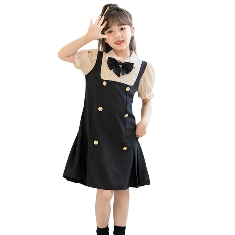 Girls A-line Princess Dress Long Sleeve Lapel Fake Two-Piece Dress