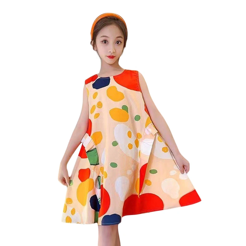 Girl Summer Tank Dress Print Sleeveless Round Neck A-Line Dress 