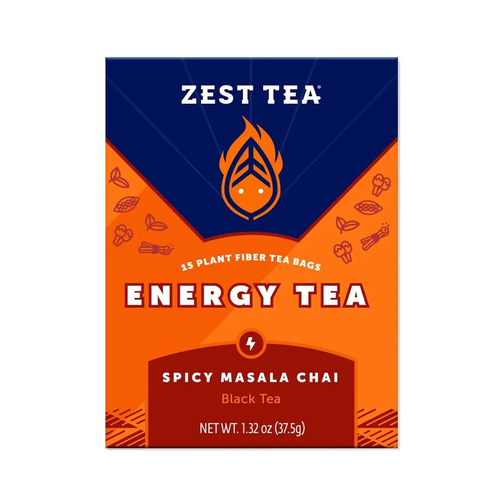 Zest Tea Premium Energy Hot Tea, High Caffeine Blend Natural & Healthy Black Coffee Substitute, Perfect for Keto, 135 mg Caffeine per Serving, Spicy Masala Chai Black Tea, Box of 15 Sachet Bags