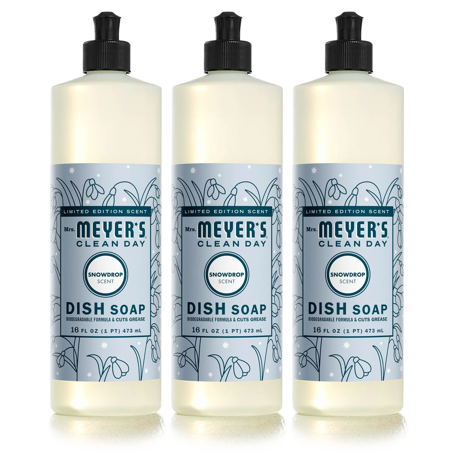 MRS. MEYER'S CLEAN DAY Liquid Dish Soap, Biodegradable Formula, Limited Edition Snowdrop, 16 Fl. Oz - Pack of 3