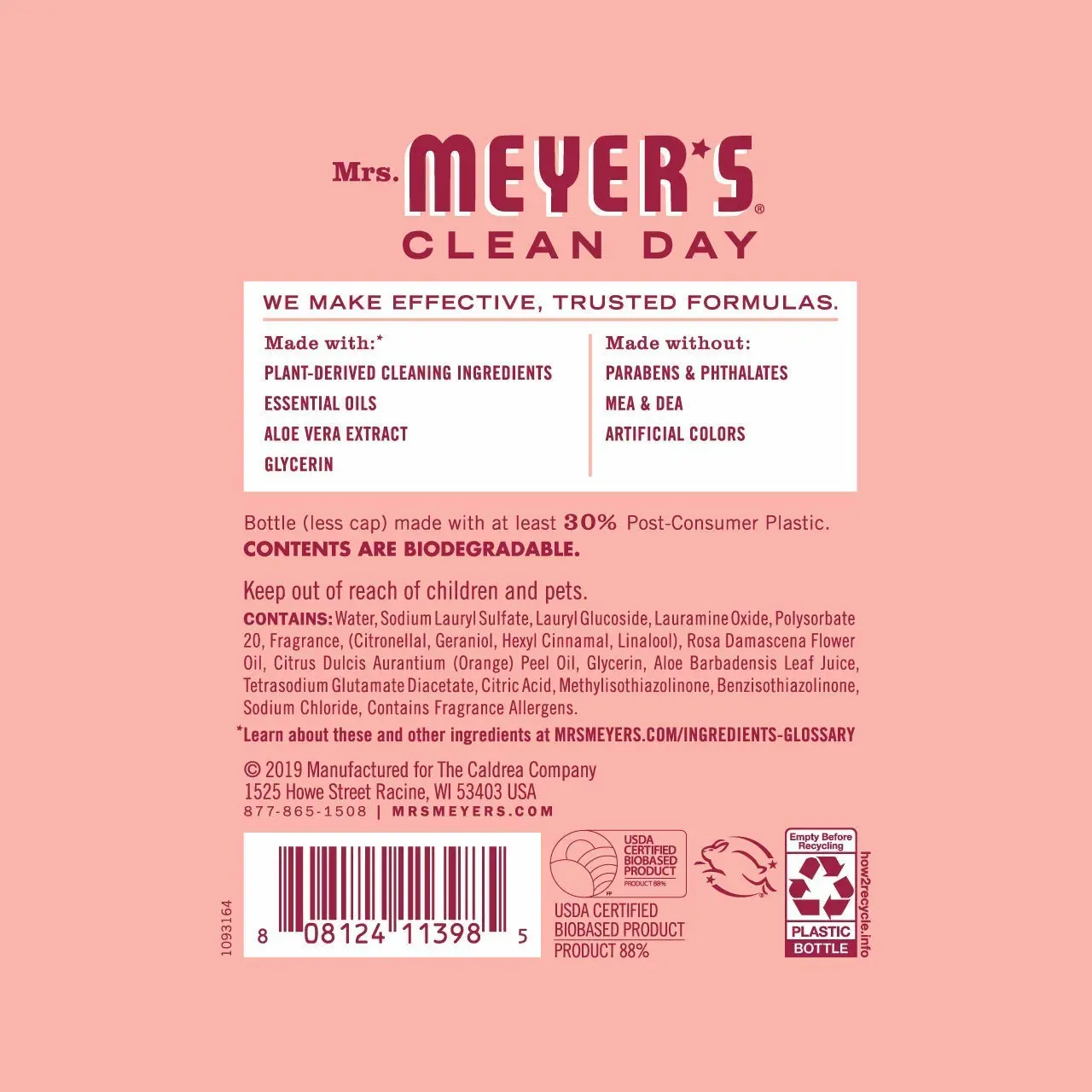 MRS. MEYER'S CLEAN DAY Liquid Dish Soap, Biodegradable Formula, Rose, 16 fl. oz