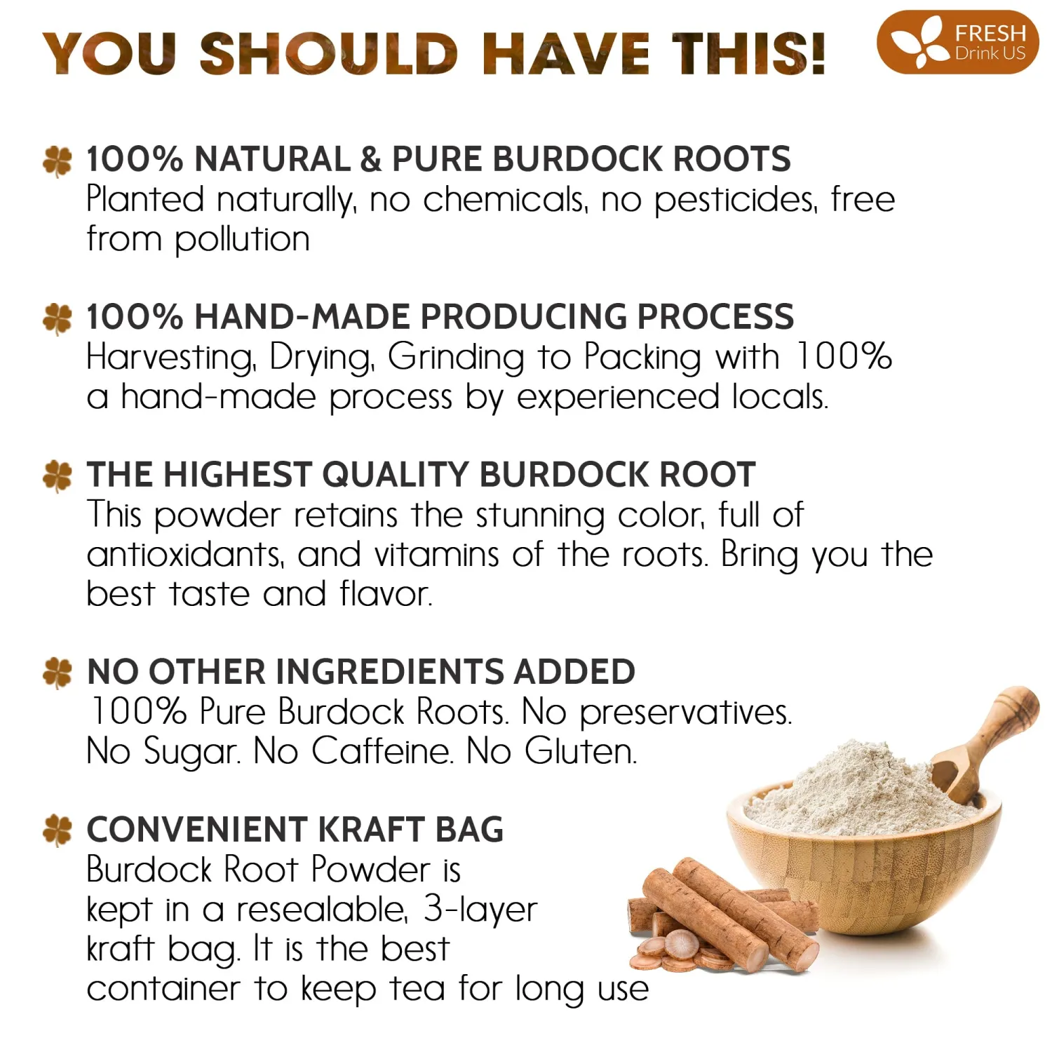 FreshDrinkUS, Premium 2oz Burdock Root Powder, 100% Natural & Pure from Burdock Root, Burdock Root Herbal Tea, No Additives, No Caffeine, Vegan