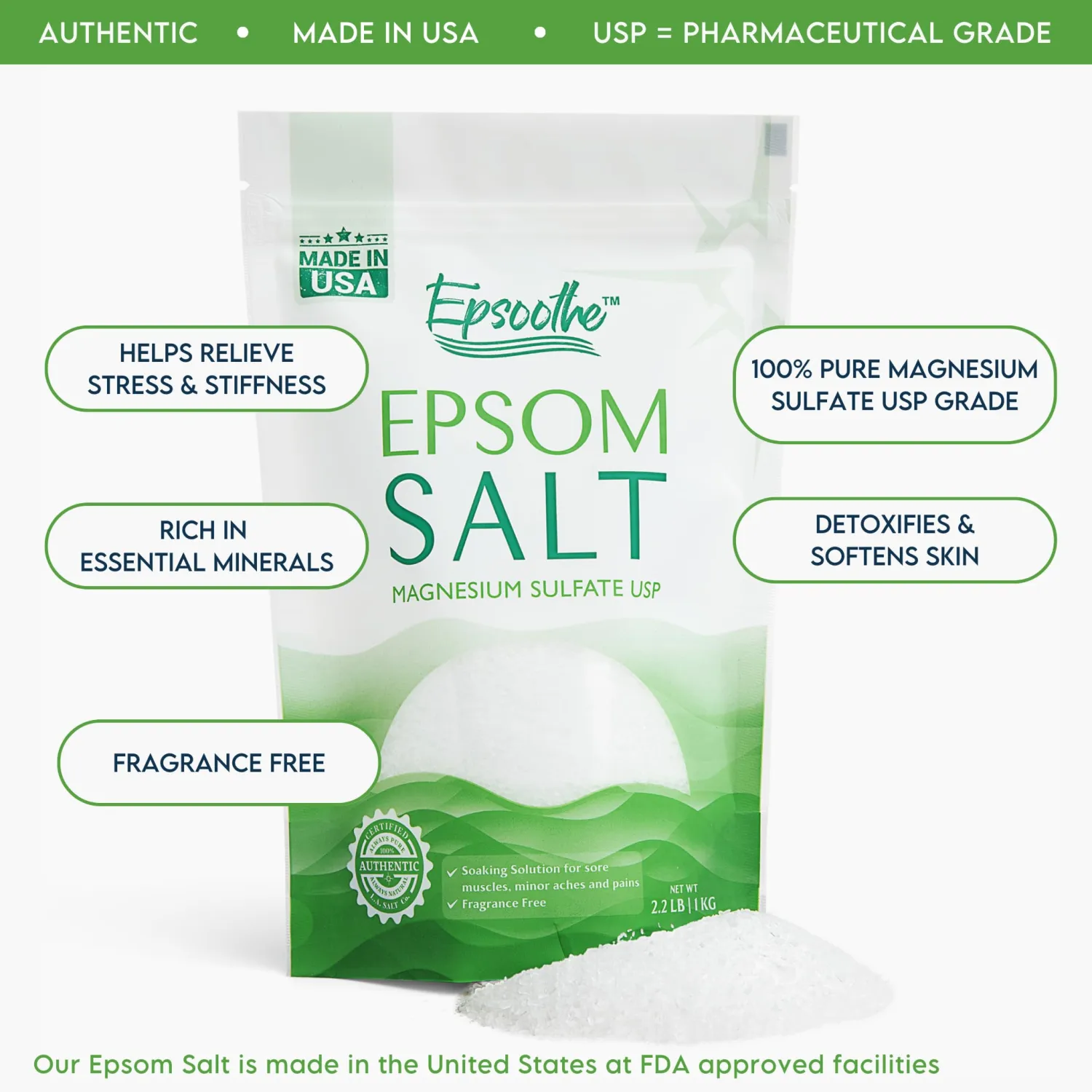 Epsoothe 2.2 Lbs Epsom Salt Bath & Foot Soak and Scrub | Pure & Natural Magnesium Sulfate USP | Relieves Sore Muscles & Joints, Promotes Healing