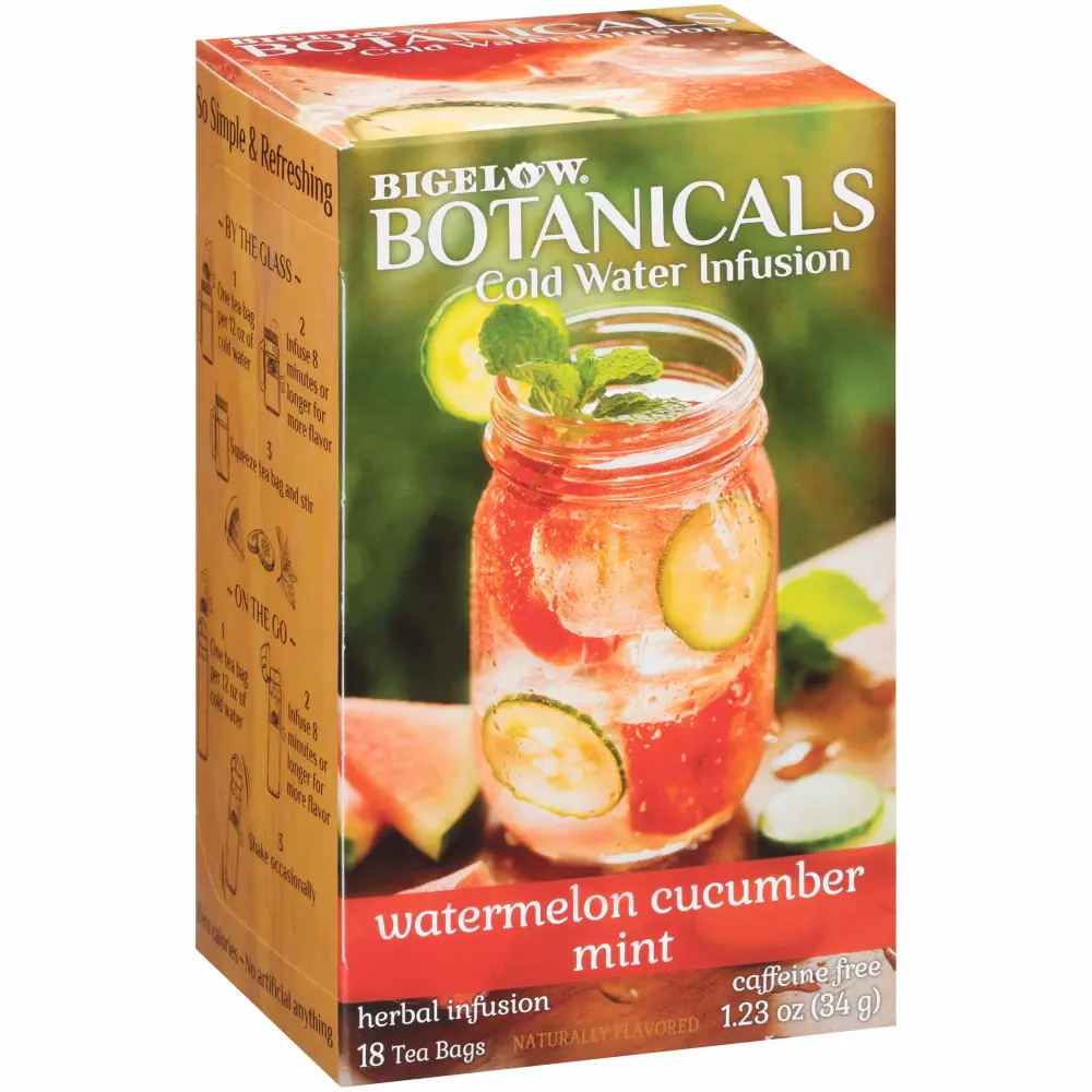 Bigelow Botanicals Cold Water Infusion Watermelon Cucumber Mint Tea Bags 18 Count Box (Pack of 1), Herbal Infusion, Caffeine Free, 18 Tea Bags Total