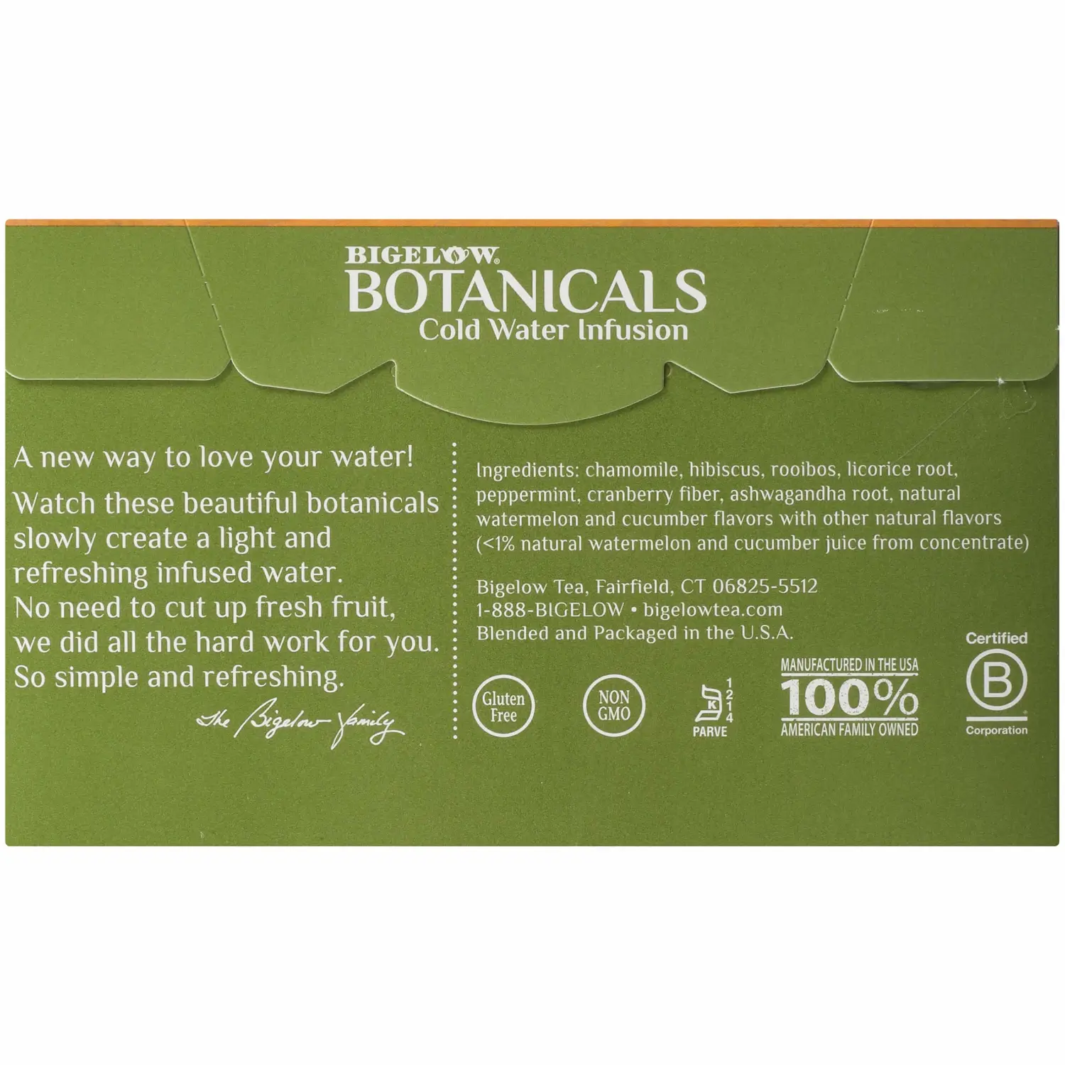 Bigelow Botanicals Cold Water Infusion Watermelon Cucumber Mint Tea Bags 18 Count Box (Pack of 1), Herbal Infusion, Caffeine Free, 18 Tea Bags Total