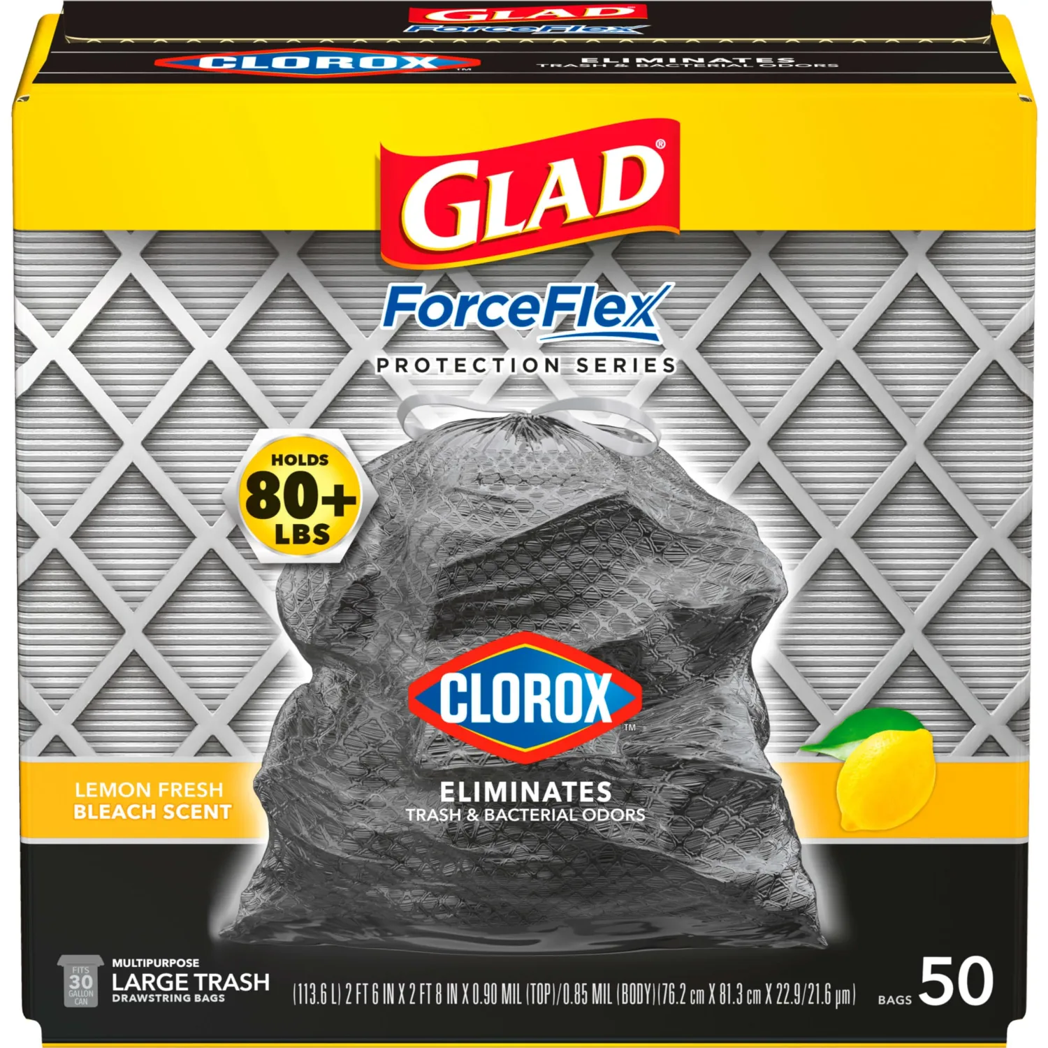Glad Trash Bags, ForceFlex with Clorox Garbage Bags, Lemon Fresh Bleach Scent, 30 Gal, 50 Ct, Package May Vary