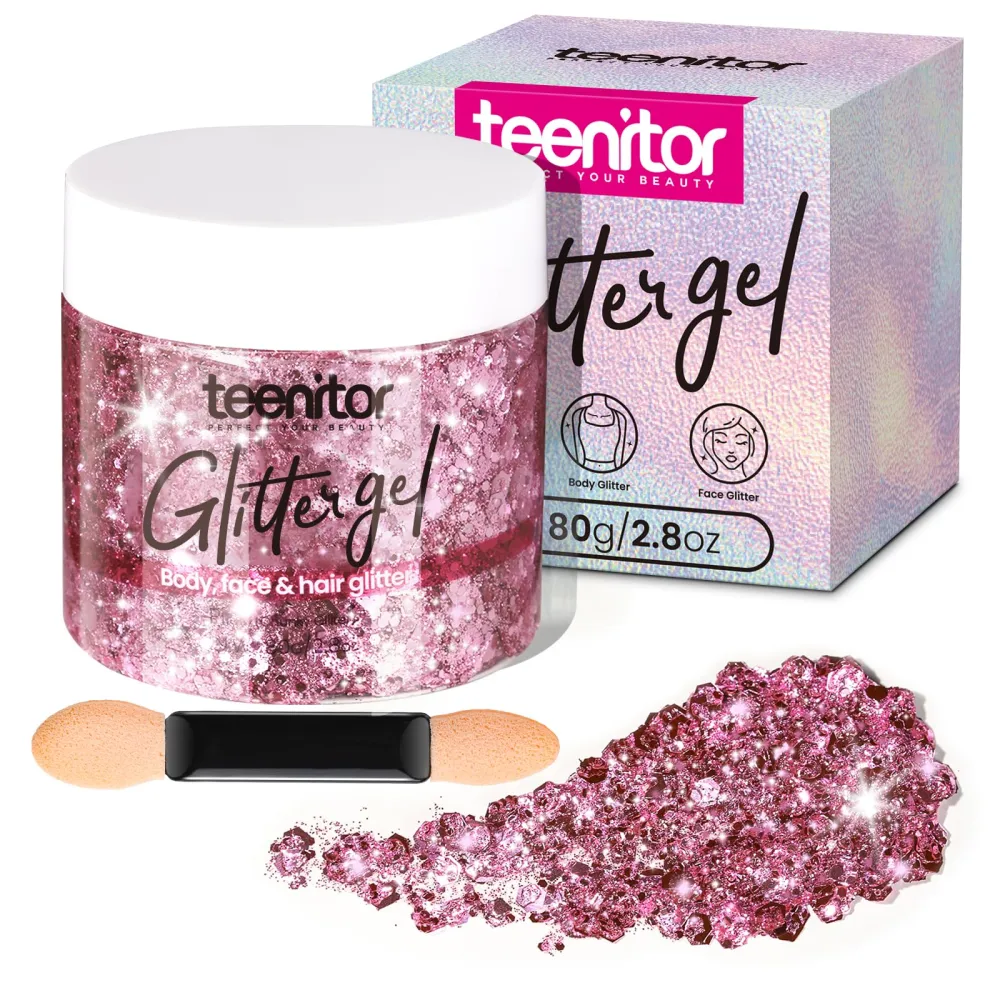 Teenitor Pink Body Glitter, Chunky Face Glitter, Hair Glitter Gel, 80g/2.8oz Pink Festival Cheer Holographic Glitter for Makeup Face Body Hair