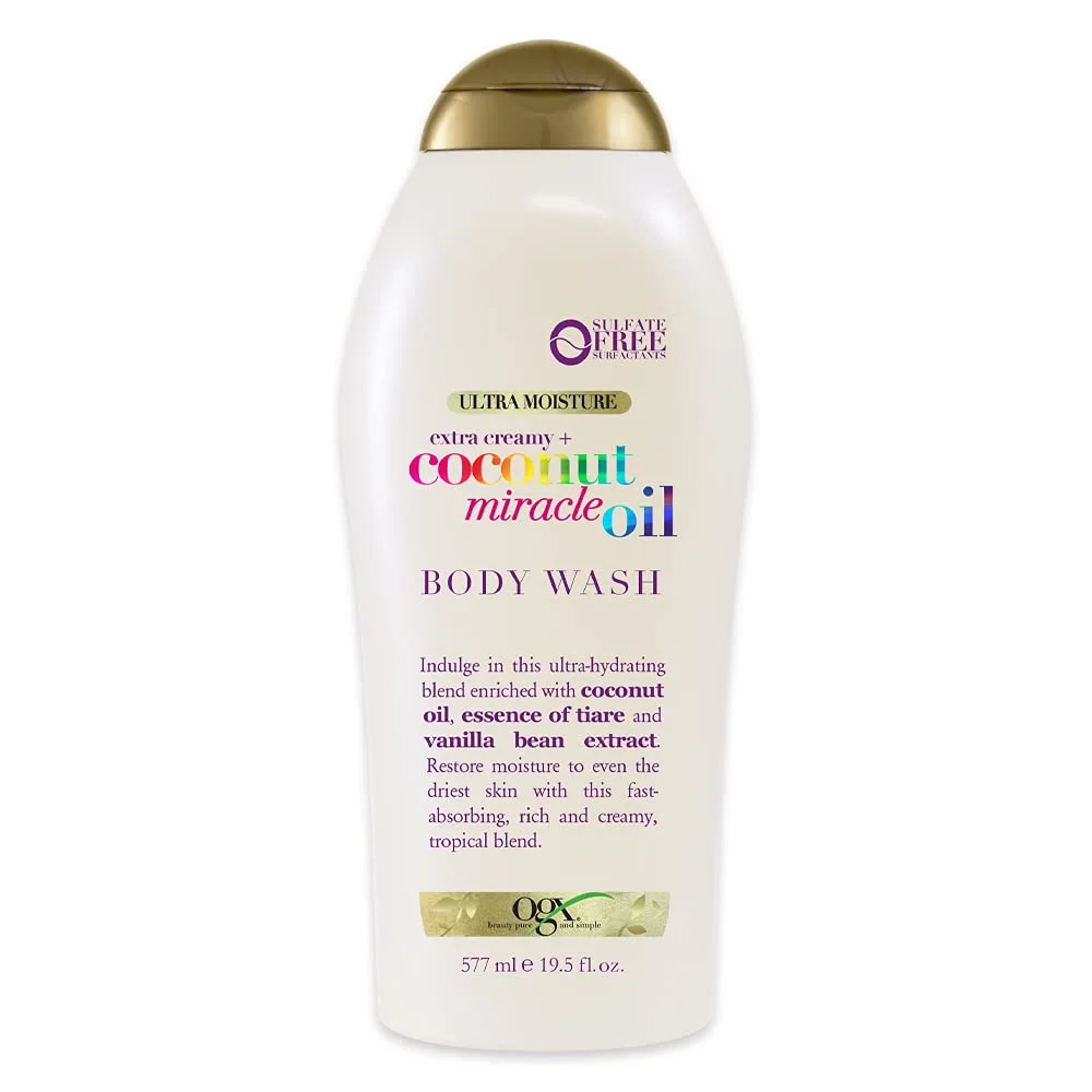 OGX Extra Creamy + Coconut Miracle Oil Ultra Moisture Body Wash, 19.5 Fl Oz Coffee Scrub and Wash, Coconut 19.5 Fl Oz