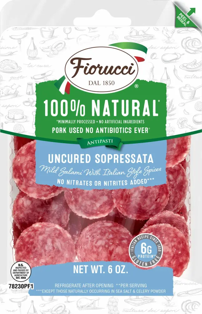 Fiorucci All Natural Uncured Sopressata, Nitrite & Antibiotic Free Pork, Uncured, Italian Spices, Mild, 6 Ounce, Pack of 1