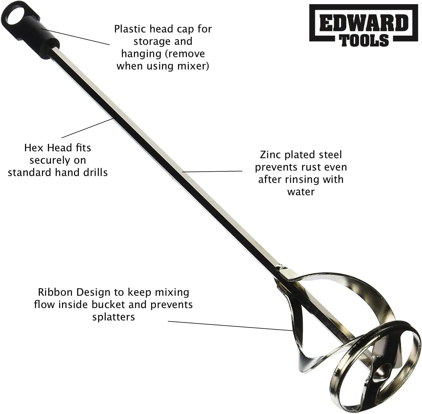 Edward Tools Paint and Mud Mixer for drill in 1 to 5 gallon buckets - Fits all standard drills - Zinc plated steel - Reinforced weld - Hex head for non slip - Easy to clean - Paint mixer attachment