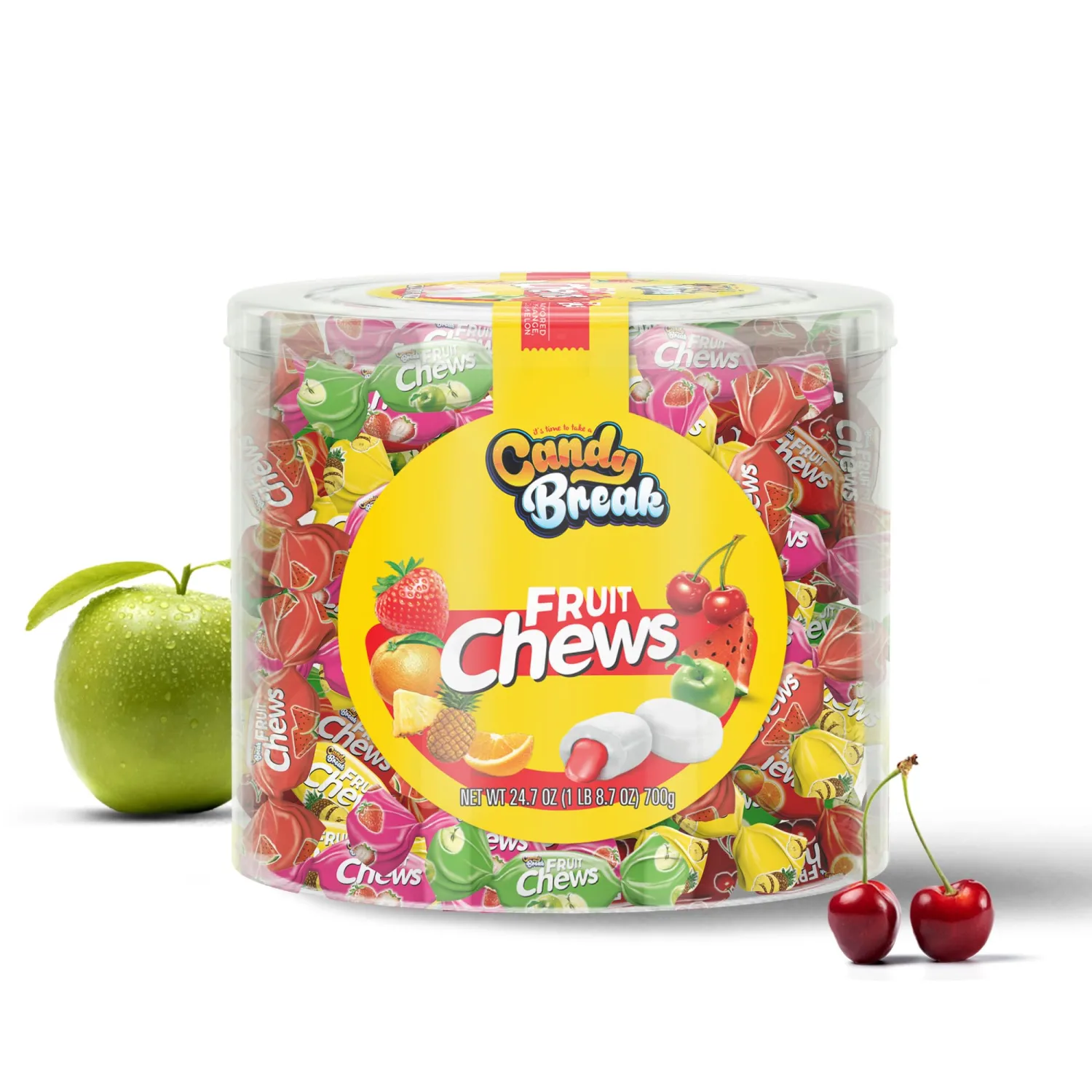 Candy Break Toffix Fruit Chews - Variety Pack of Fruit Candy with Flavored Filling, Strawberry, Apple, Watermelon, Cherry, Pineapple, Orange Flavors, Individually Wrapped Snacks, 24 oz