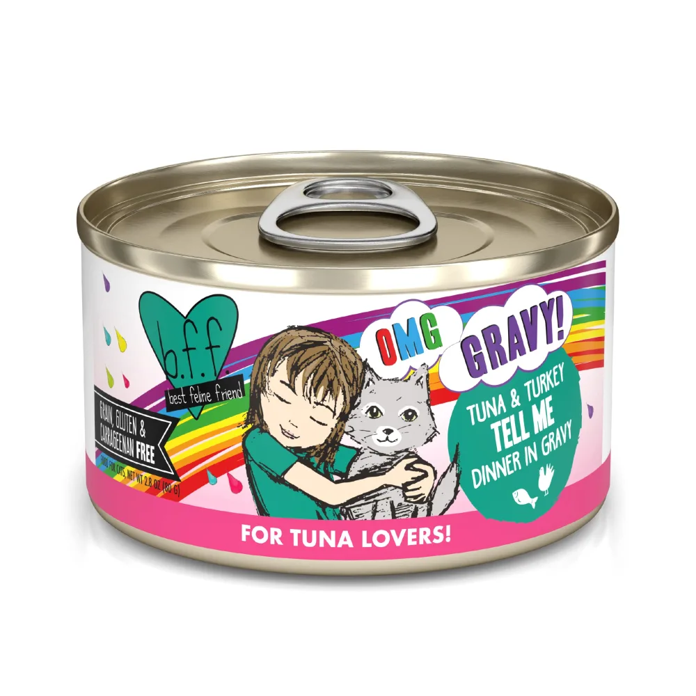 Weruva B.F.F. OMG - Best Feline Friend Oh My Gravy!, Tuna & Turkey Tell Me with Tuna & Turkey, 2.8oz Can (Pack of 12)