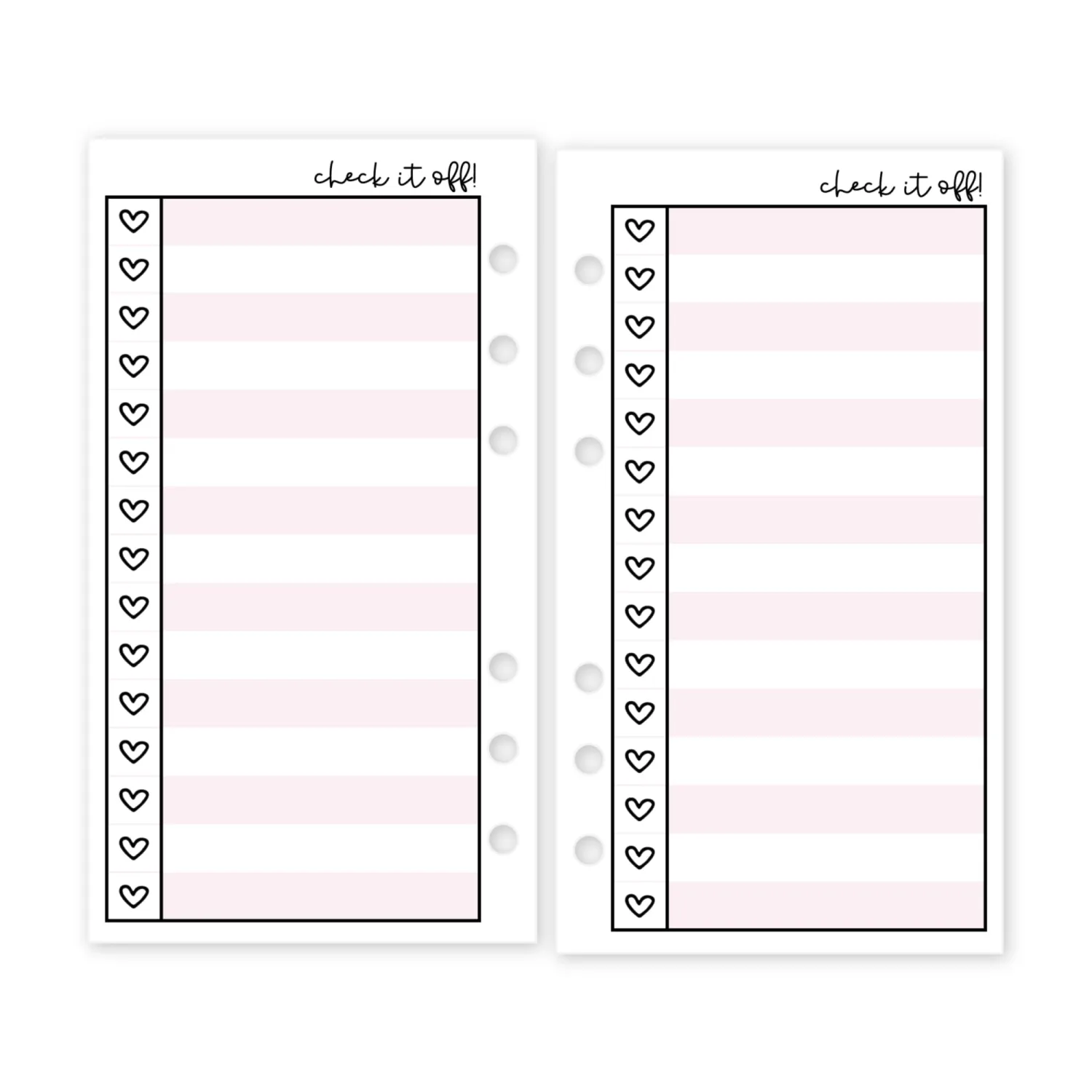 Personal Heart Checklist Planner Insert Refill, 3.74" x 6.73" / 95mm x 171mm, Pre-Punched, Fits 6-Ring Binders, Your Choice of Quantity (Bubblegum)