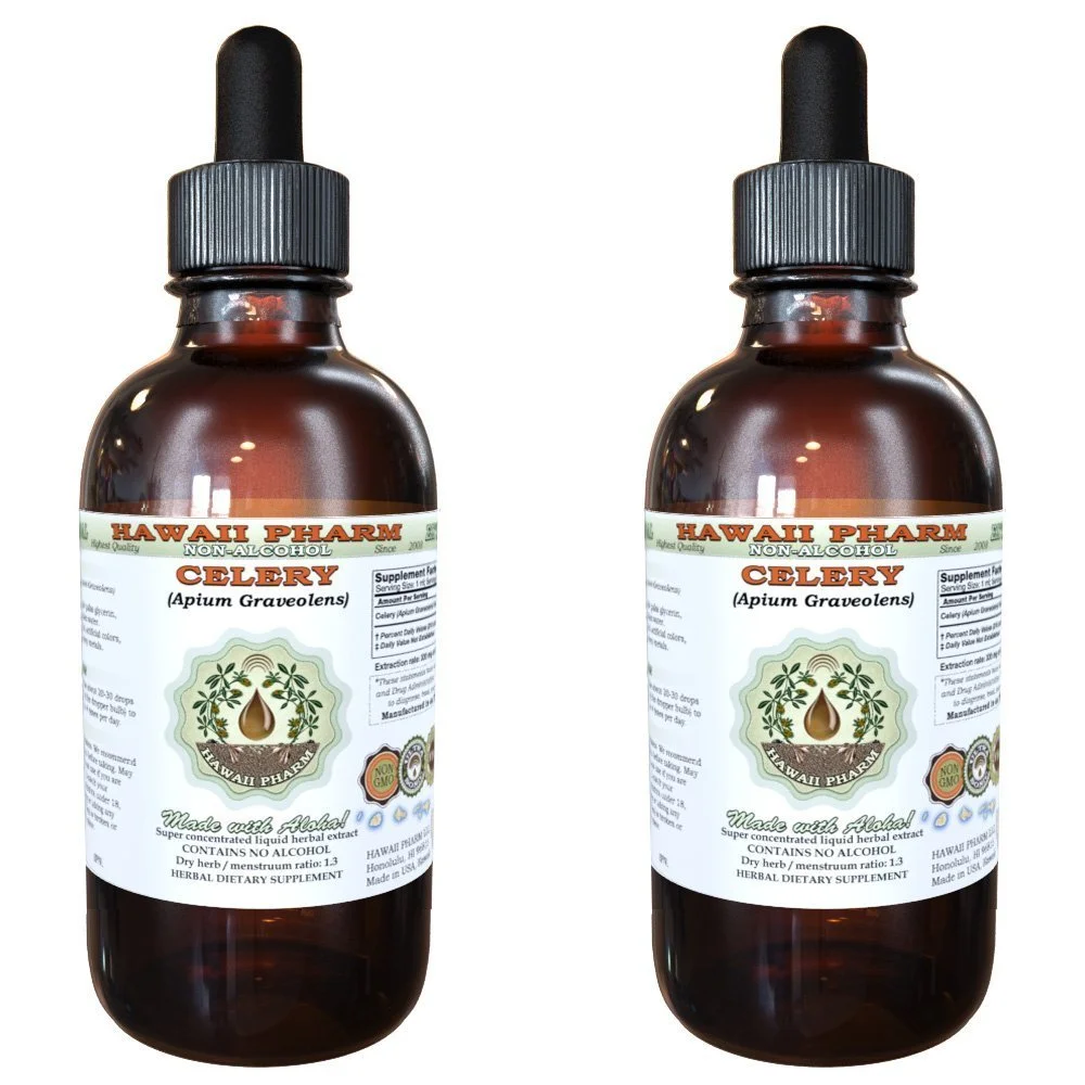 Celery Alcohol-Free Liquid Extract, Organic Celery (Apium graveolens) Dried Fruit Glycerite Hawaii Pharm Natural Herbal Supplement 2x4 oz