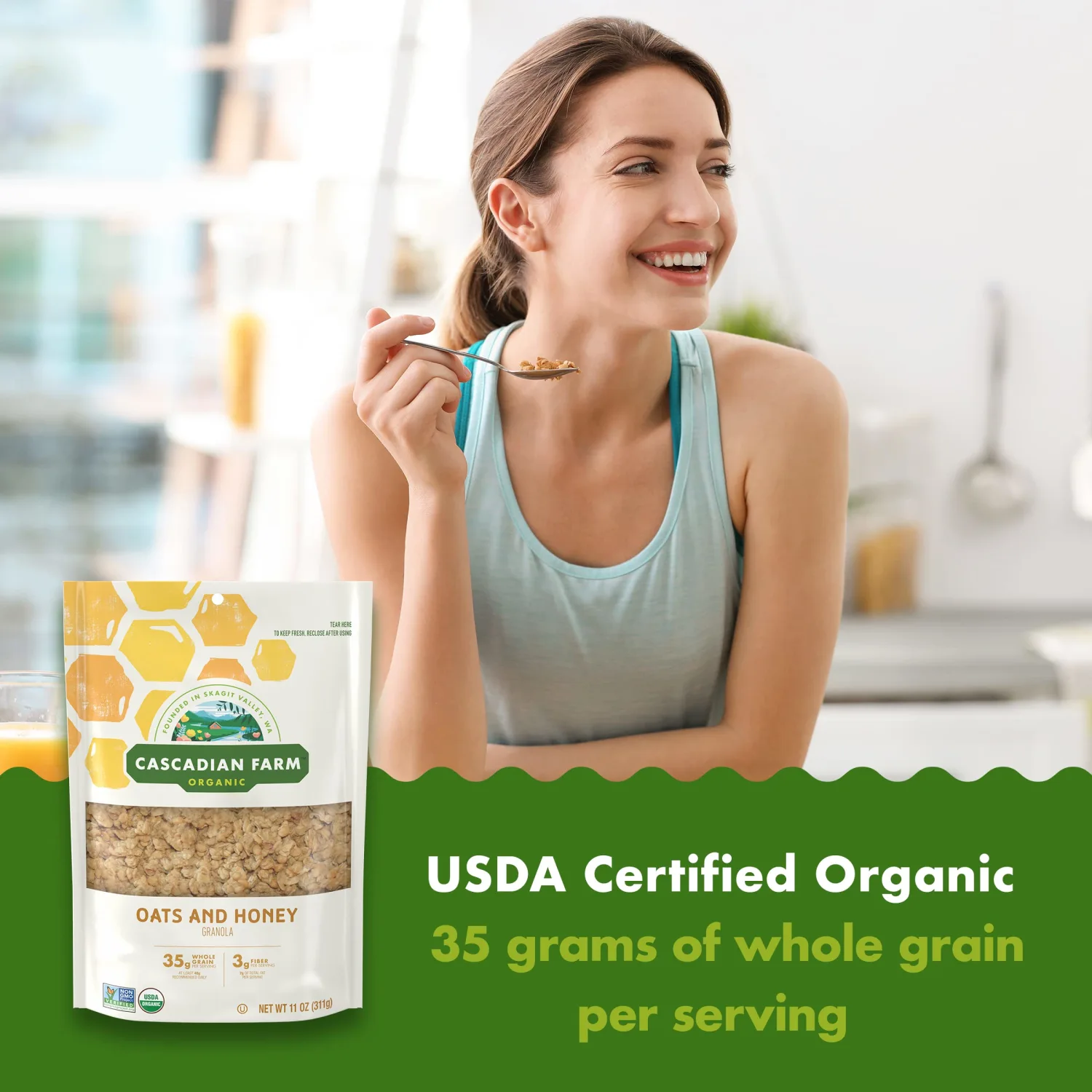 Cascadian Farm Organic Granola, Oats and Honey Cereal, Resealable Pouch, 11 oz.