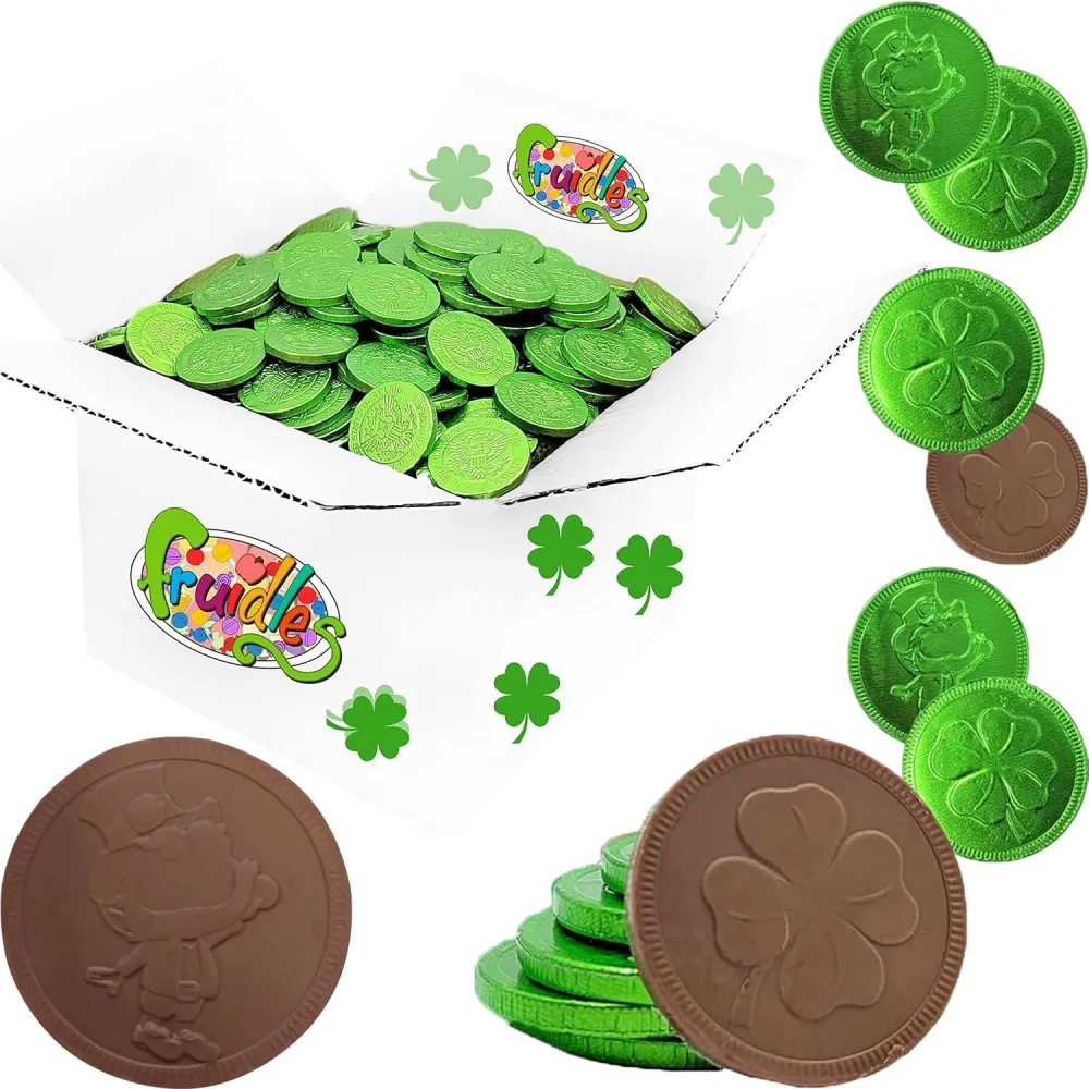 Saint Patrick's Day 500 Clover Shamrock Leprechaun Chocolate Green Coins, Premium Belgian Nut-Free Milk Chocolate, Kosher (500-Pack)