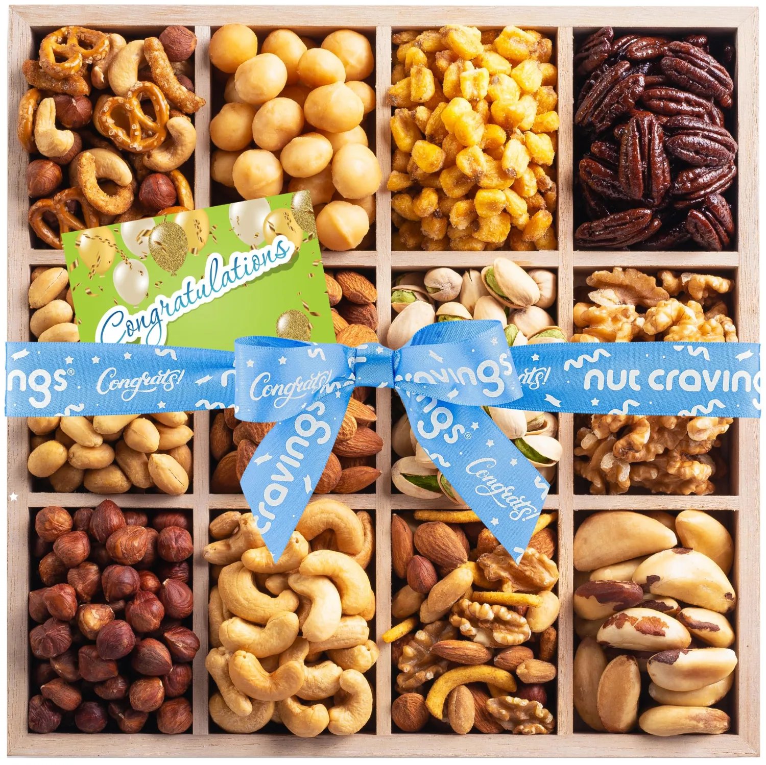 NUT CRAVINGS Gourmet Collection Congratulations Nuts Gift Basket with Congrats Ribbon + Greeting Card in Reusable Wooden Tray (12 Assortments) Food Platter Care Package Kosher