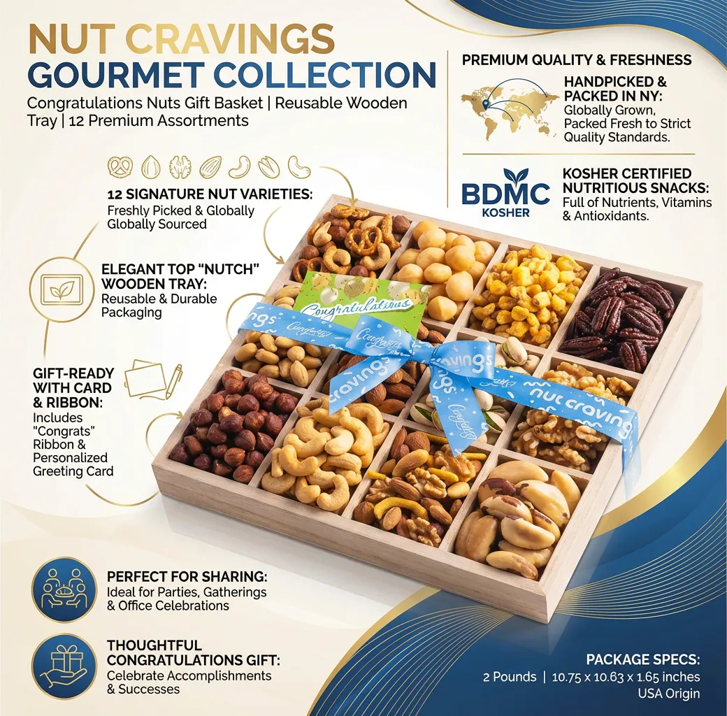 NUT CRAVINGS Gourmet Collection Congratulations Nuts Gift Basket with Congrats Ribbon + Greeting Card in Reusable Wooden Tray (12 Assortments) Food Platter Care Package Kosher