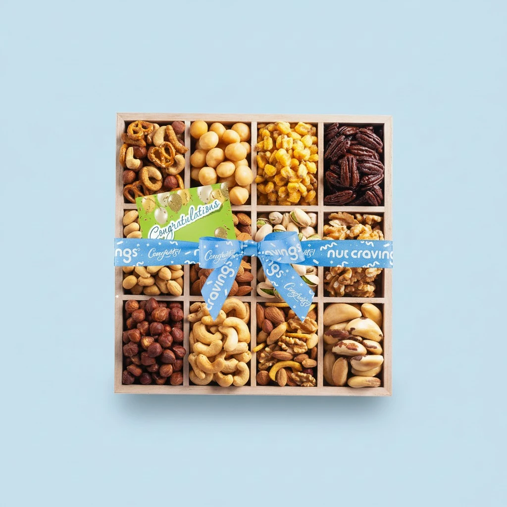 NUT CRAVINGS Gourmet Collection Congratulations Nuts Gift Basket with Congrats Ribbon + Greeting Card in Reusable Wooden Tray (12 Assortments) Food Platter Care Package Kosher