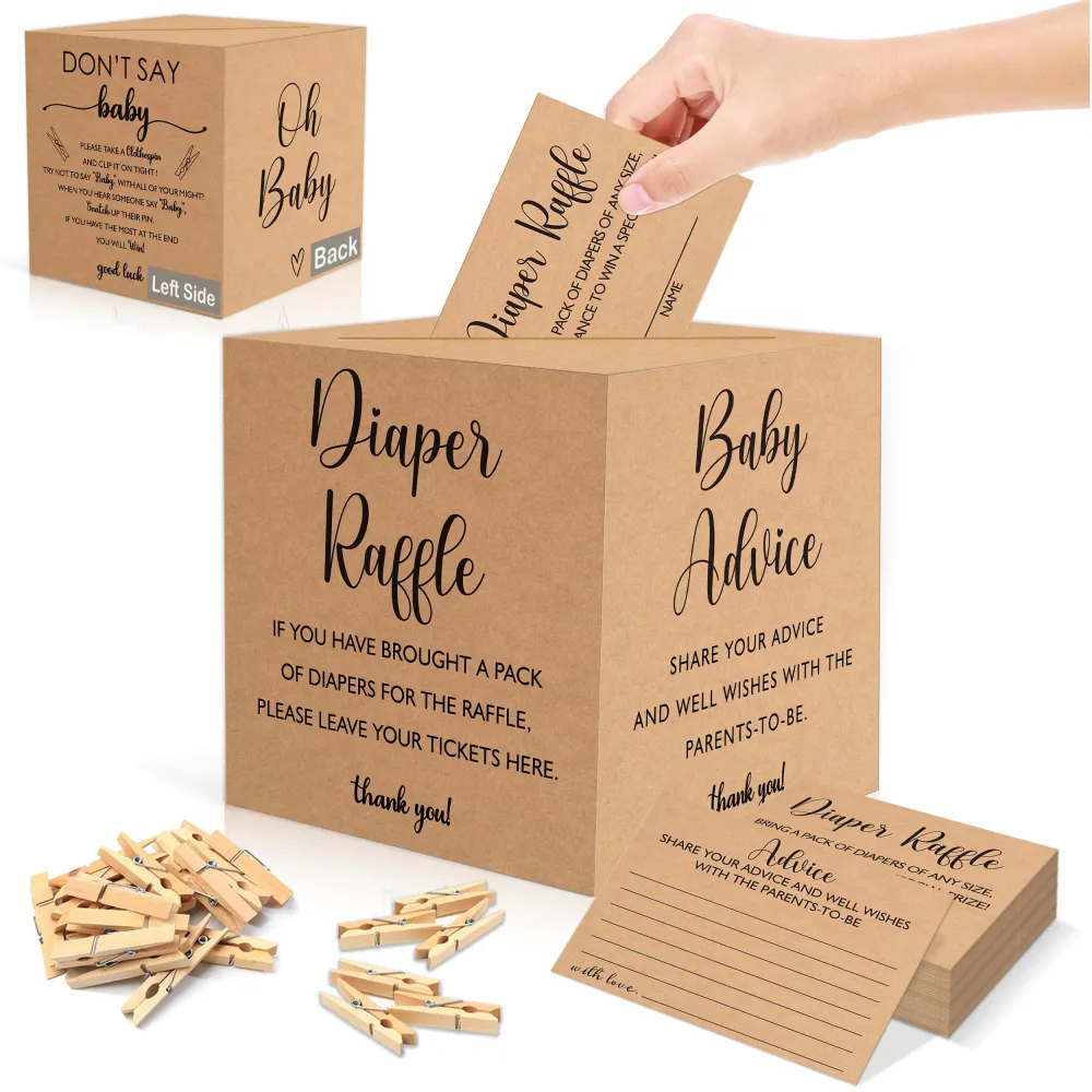 3 Minimalist Baby Shower Games-101 Pieces Diaper Raffle Tickets with Diaper Raffle Box and Clothespins,Baby Shower Decor,Don't Say Baby Clothespin Game,Baby Shower Advice Cards,Gender Reveal Game,4